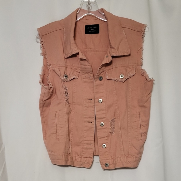 Love Tree Women's Pink Distressed Denim Vest Size Small EUC - Picture 3 of 11